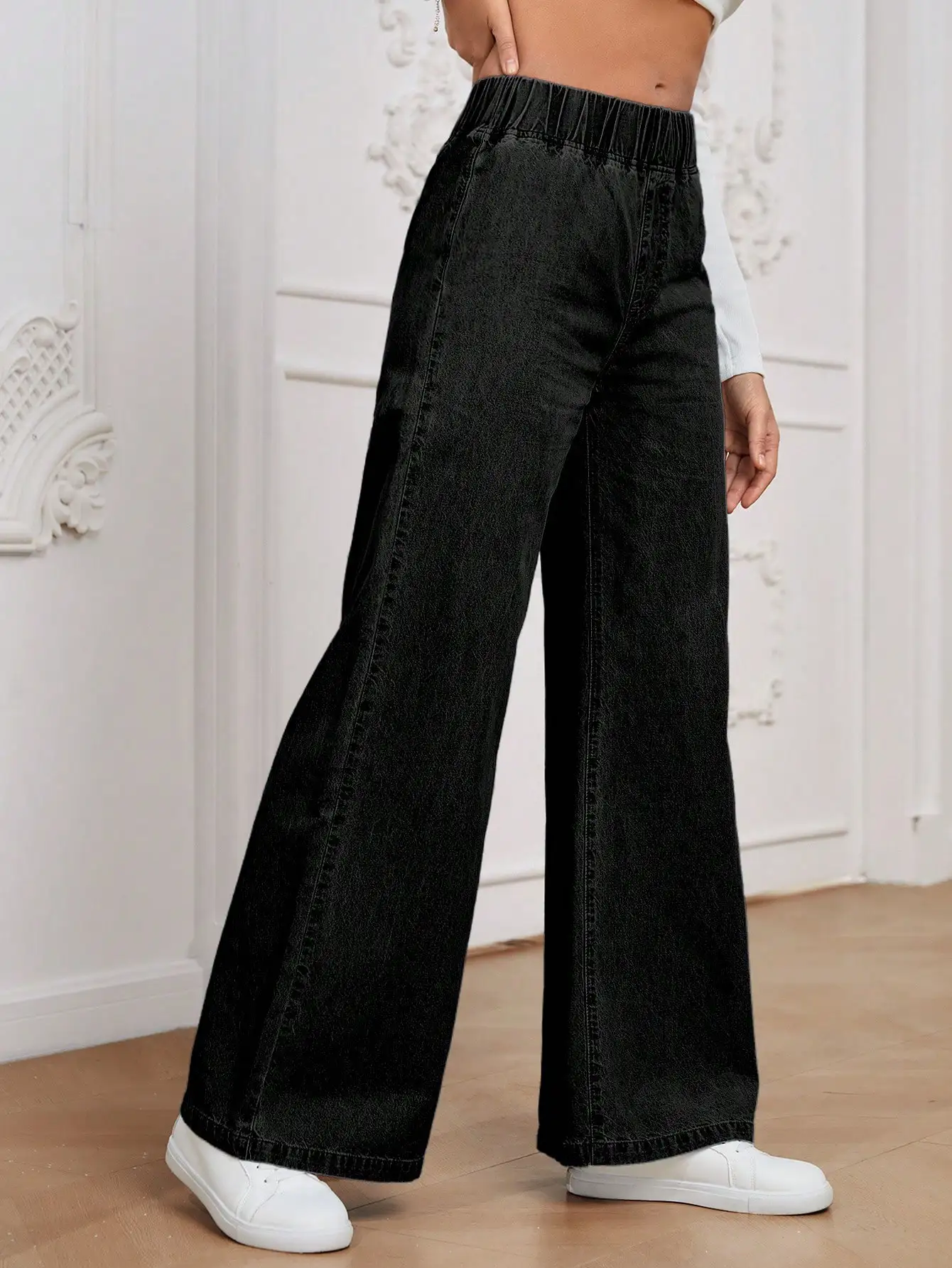 

Джинсы с высокой талией, широкими штанинами и свободным кроем, черные, для женщин