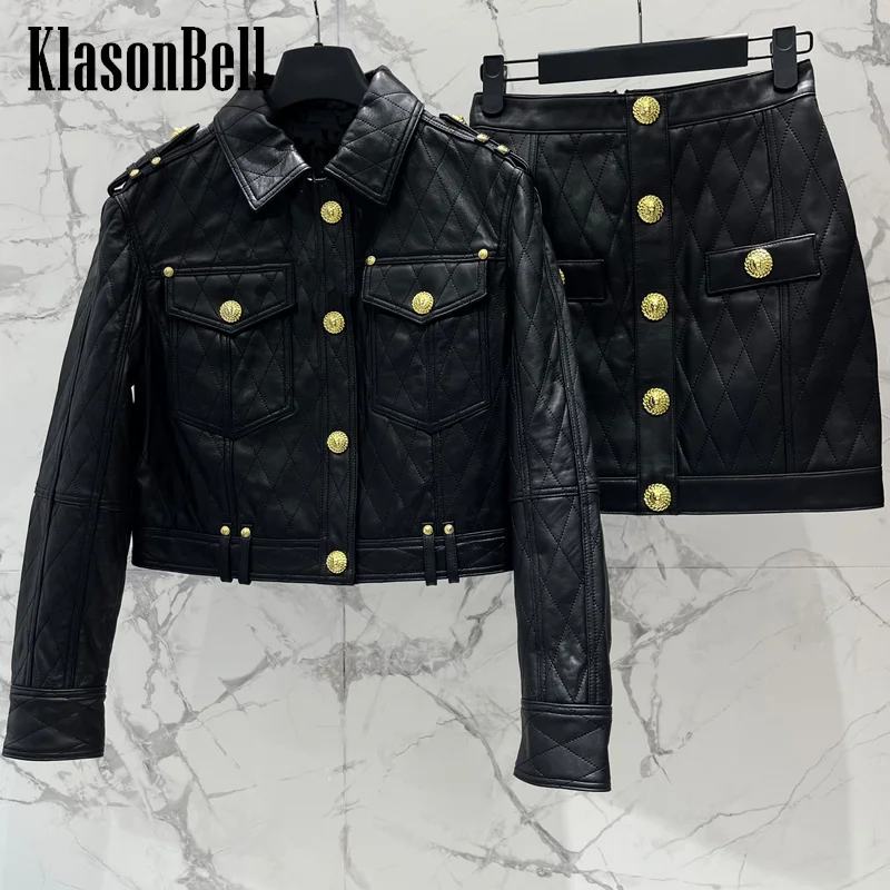 

8.7 KlasonBell Women Argyle Plaid Stitched Lapel Collar Jacket Or High Waist Gold Button Skirt Genuine Leather Moto Biker Set