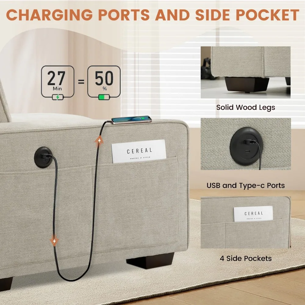 Sofá secional conversível, sofá em forma de L, sofá reversível multifuncional com USB