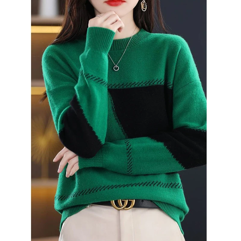 Autumn Winter New 2022 Korean Elegant Fashion Contrast Color Loose Warm Knitted Sweater Women Casual Pullover Top Female Clothes