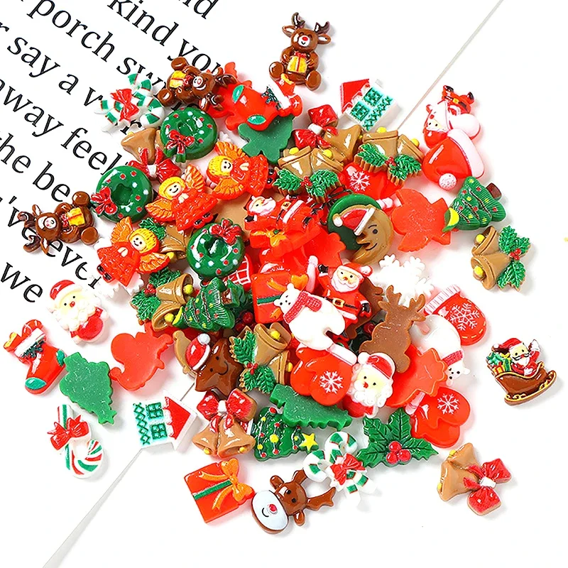 10pcs Resin Christmas Flatbacks Santa Snowman Snowflake Holly Xmas Tree Mixed Cabochons For Scrapbooking DIY Crafts Hair Jewelry