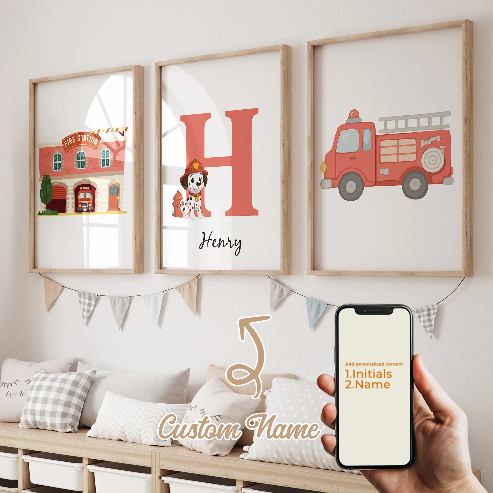 

Modern Personalized Name Custom Fire Station Fire Truck Wall Art Print Canvas Painting Poster Picture For Kids Room Home Decor