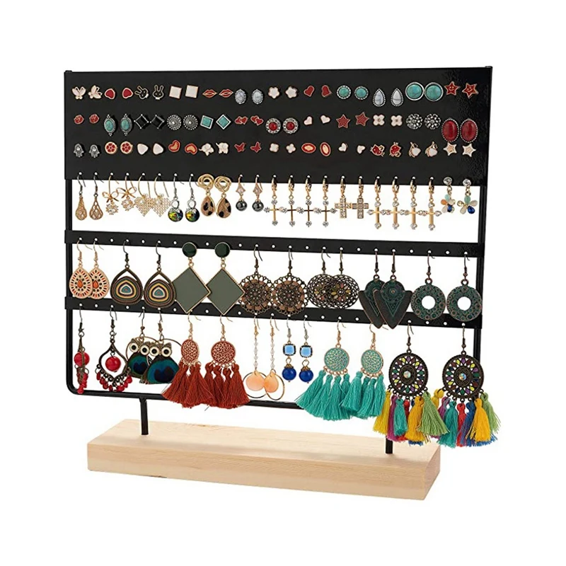 Earring Stand Display Rack 3-Tier Ear Stud Holder Jewelry Organizer Ear Stud Earring Holder 144 Holes With Wood Base