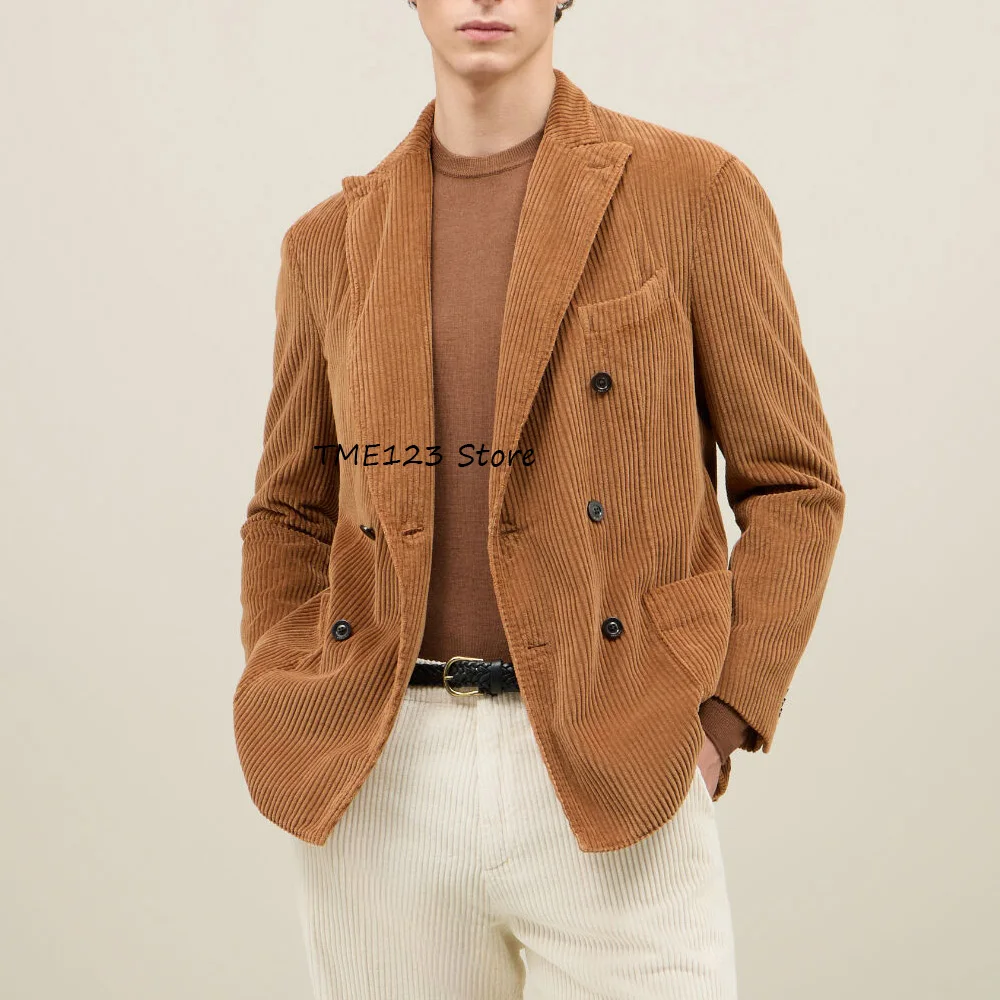 

Corduroy Fabric Man Jackets High Quality Peak Lapel Fashion Suit Double-breasted Urban Blazers Men's Jacket Men's Social Coat