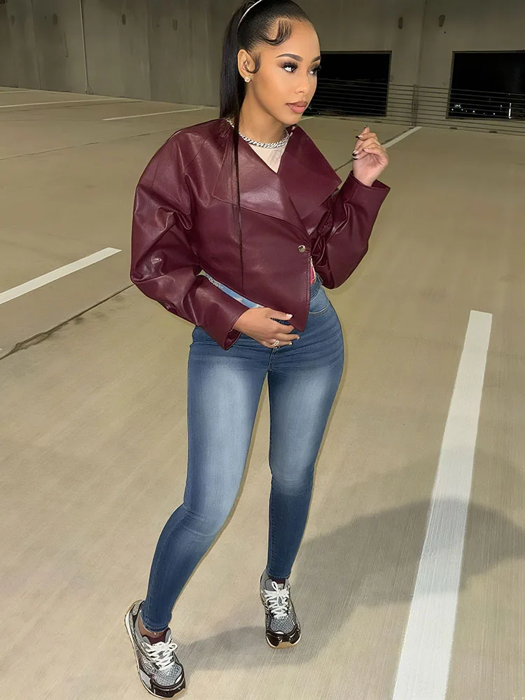 kliou PU Leather Women Jackets Cool Simple Solid Full Sleeve Irregular Lapel Slim Crop Coats Female Casual Streetwear Outwear
