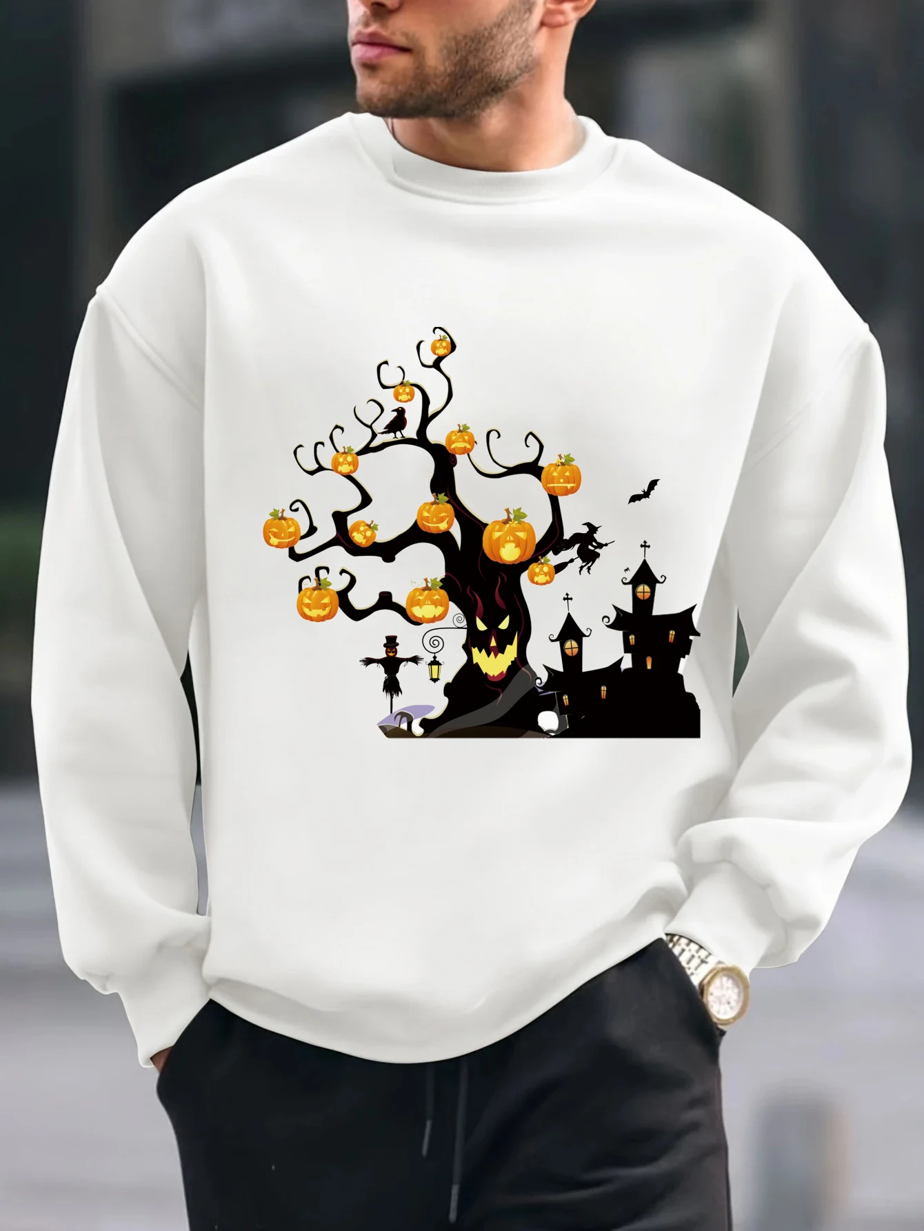 

2025 топы с принтом тыквенного дерева на Хэллоуин, весенне-осенний мужской повседневный свитшот с круглым вырезом, удобный пуловер с капюшоном