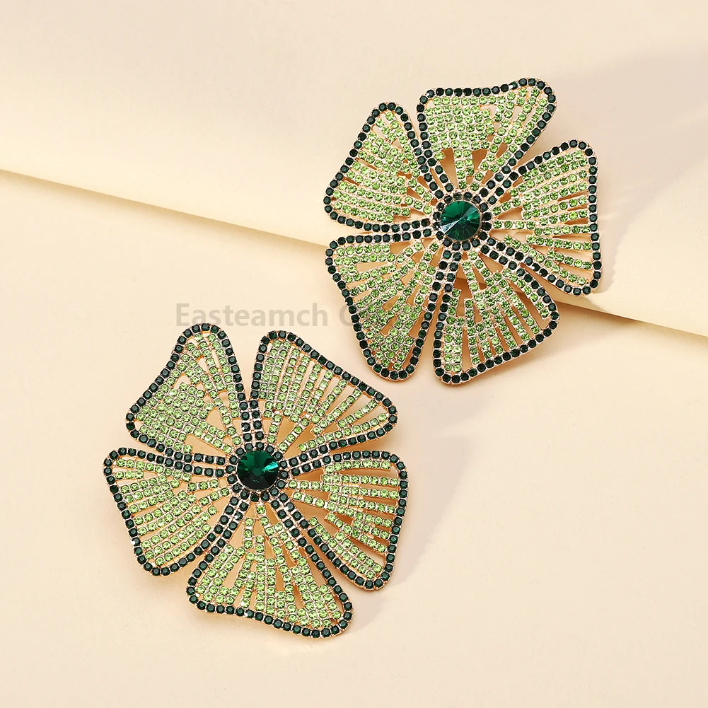 Luxury Design Flower Full Shiny Rhinestone Glamorou Decor Original Bride Wedding Party Jewelry Trend Big Stud Earrings For Women