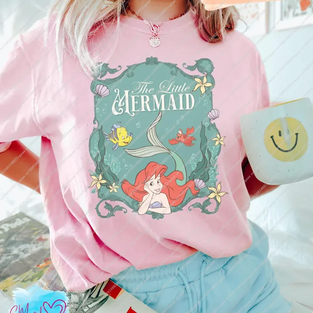 2025 ديزني خمر ارييل ليتل ميرميد تي شيرت تي شيرت مطابقة للجنسين الأميرة Y2k الكبار ملابس قطنية هدية الفتيات جديد #2