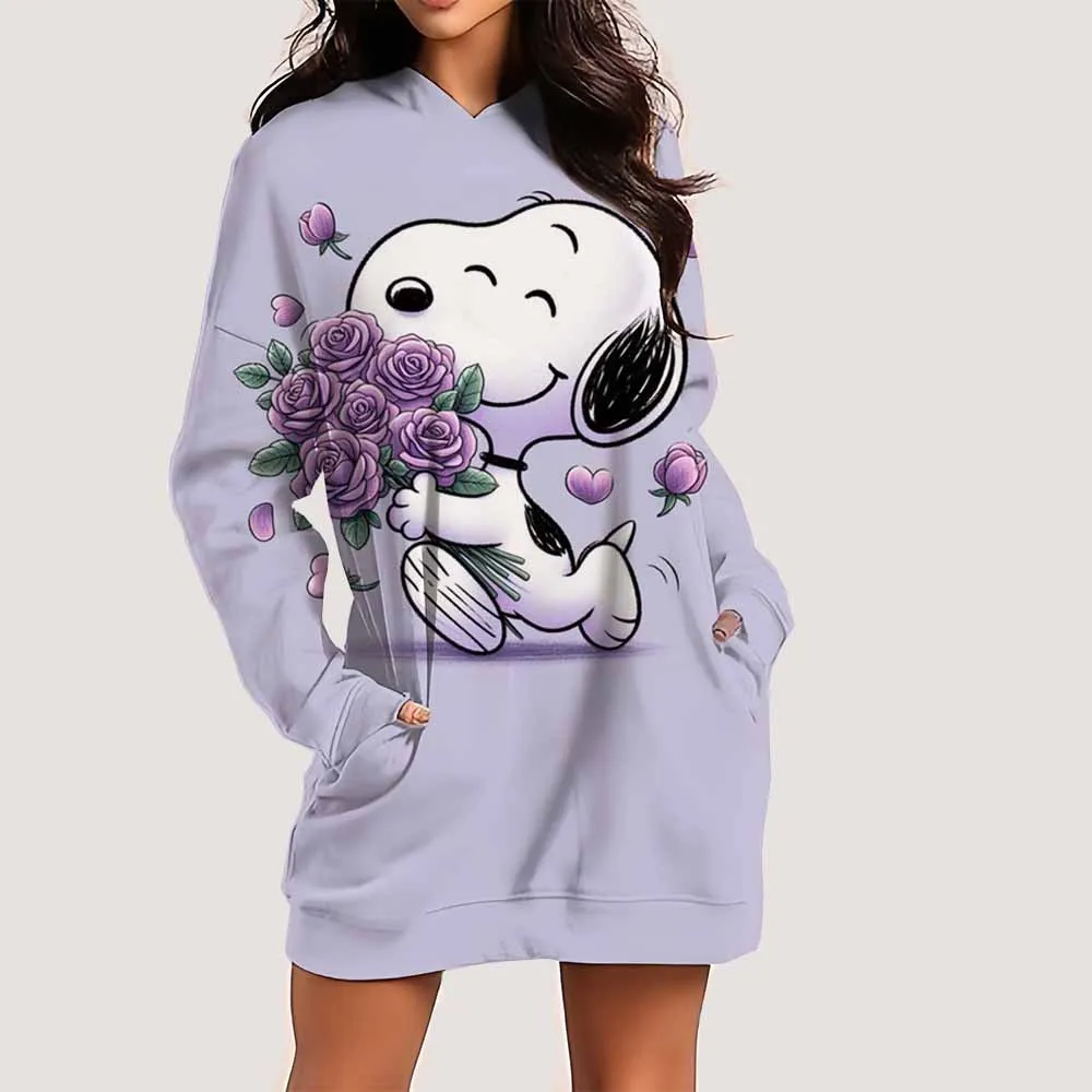 スヌーピープリントレディースドレスファッション膝丈フード付きフロックOネックラインスポーツ秋デイリーカジュアルスカート ﻿