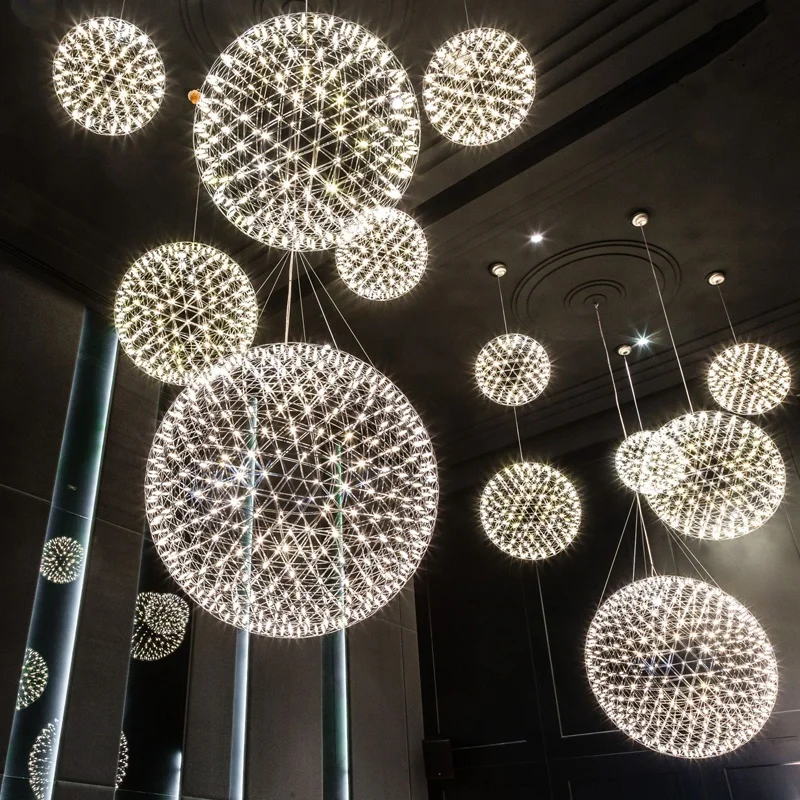 

Kobuc Modern Loft Spark Ball LED Chandelier fixture Firework Ball Stainless Steel Pendant Lamp Store Shopping Mall Decor Light