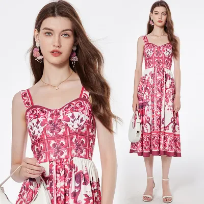 Summer Hoiday Blue And White Porcelain Print Dress Women\'s Spaghetti Strap Zipper Elastic Backless Floral Print Midi Vestidos