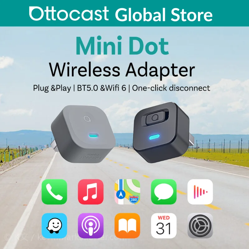 

Беспроводной адаптер Ottocast Express Mini Dot для CarPlay и Android Auto, преобразователь проводного подключения в беспроводное, Wi-Fi 6, Plug & Play для Audi и Kia