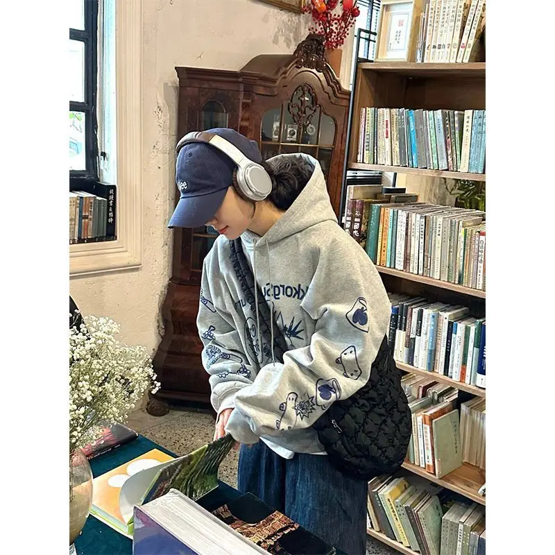 모자가 달린 양털 스웨트셔츠 여성용 오버사이즈 스웨트셔츠 여성 여름 정장 달콤한 불규칙한 질감 가벼운 액티브웨어 일본식