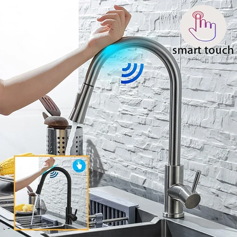 

DQOK Kitchen Faucet Pull Out Brushed Nickle Sensor Stainless Steel Black Smart Induction Mixed Tap Touch Control Sink Tap