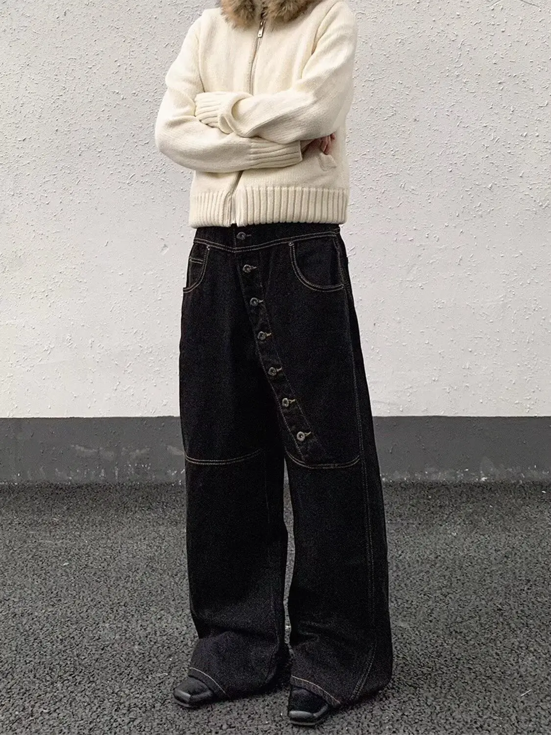 Lente en herfst zwarte losse broek met wijde pijpen met meerdere knopen - unisex high-end veelzijdige casual luie flare denim jeans met lage taille