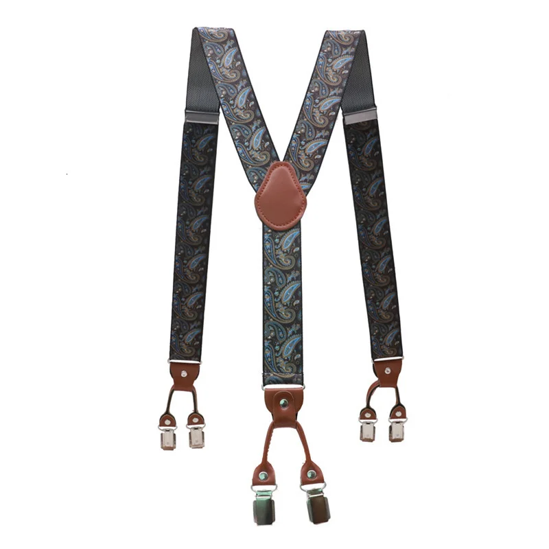 Men Suspenders Brown Leather 6 Clips Braces Vintage Unisex Casual Suspensorio Tirante Trousers Strap Bretele Wedding Accessories