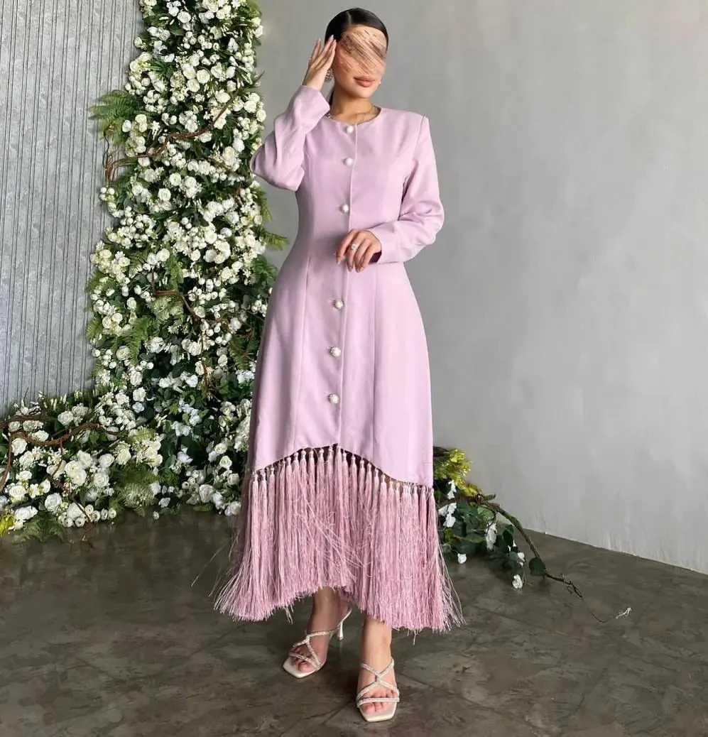 

Crew Neck Prom Dresses with Buttons Long Sleeves Evening Party Saudi Arabia Women Wear Tassels Special Occasion Gown