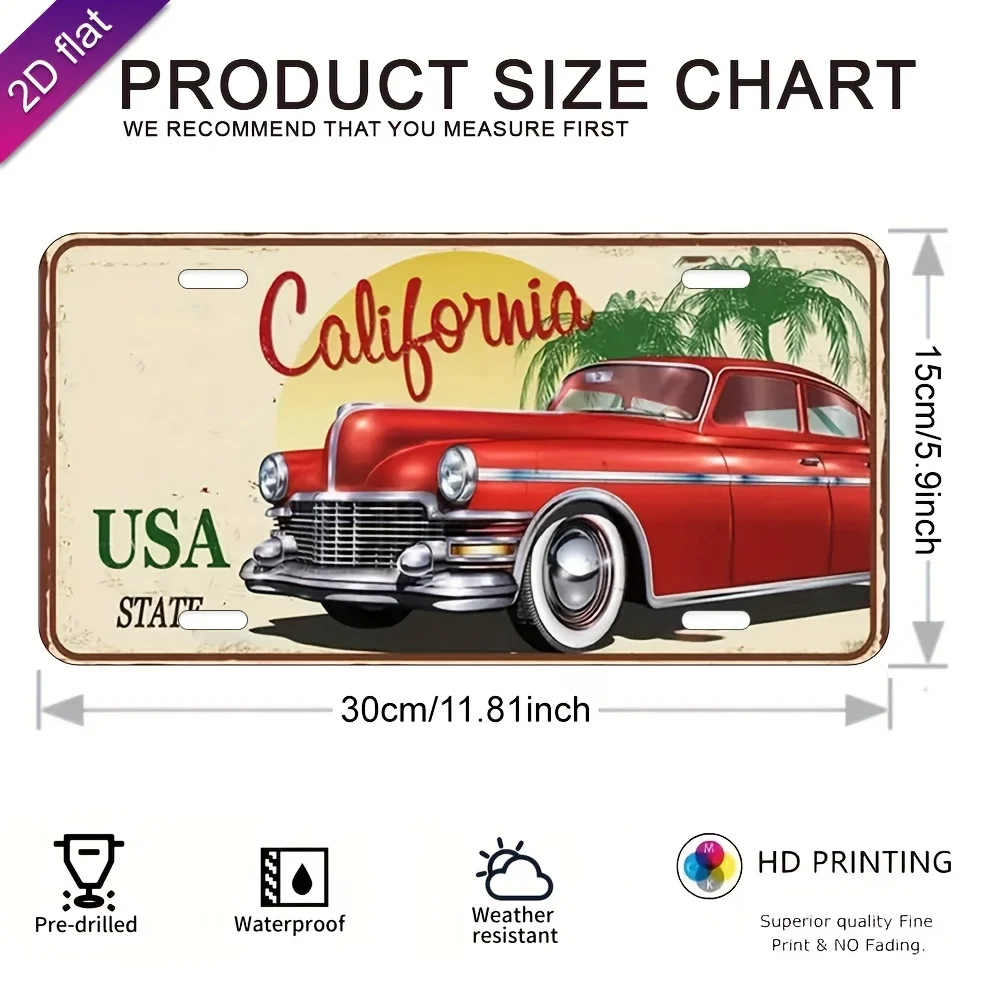 2D Flat, 1pc Aluminum Metal Sign with California USA License Plate Design - Vintage Car & Palm Tree Wall Art, UV Printed view 4