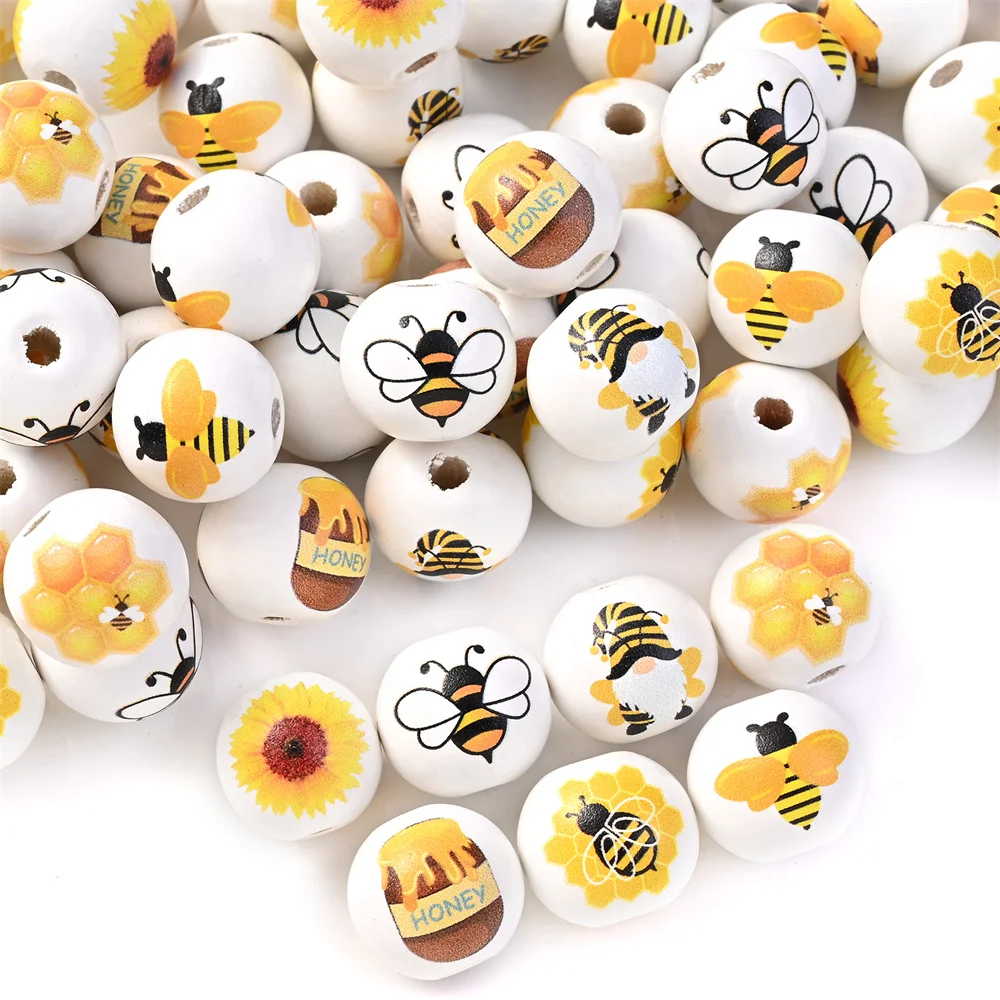 10pcs/set Colorful Yellow Bee Painted Spring Loose Beads Polished Honey Bee Wood Beads Round Rustic Beads for DIY Jewelry Making