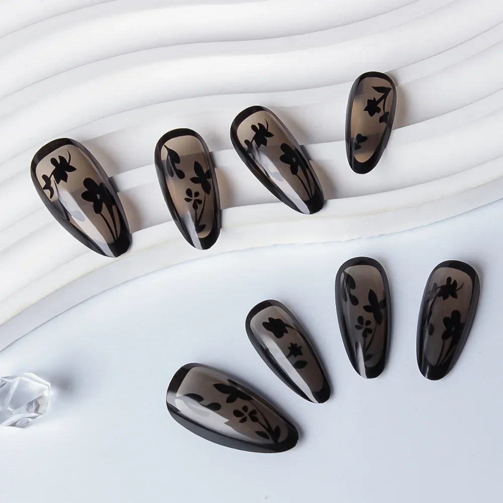

24 шт., короткие миндалевидные накладные ногти, черный цветочный дизайн, осень-зима, пресс для ногтей, горячая девушка, крутой стиль, съемный дизайн ногтей для женщин
