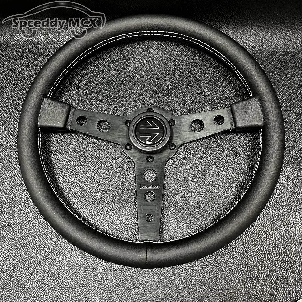 P1 14inch 350mm Real Leather Steering Wheel Car Racing Sport Flat Steering-Wheels Universal Center Steering-Control