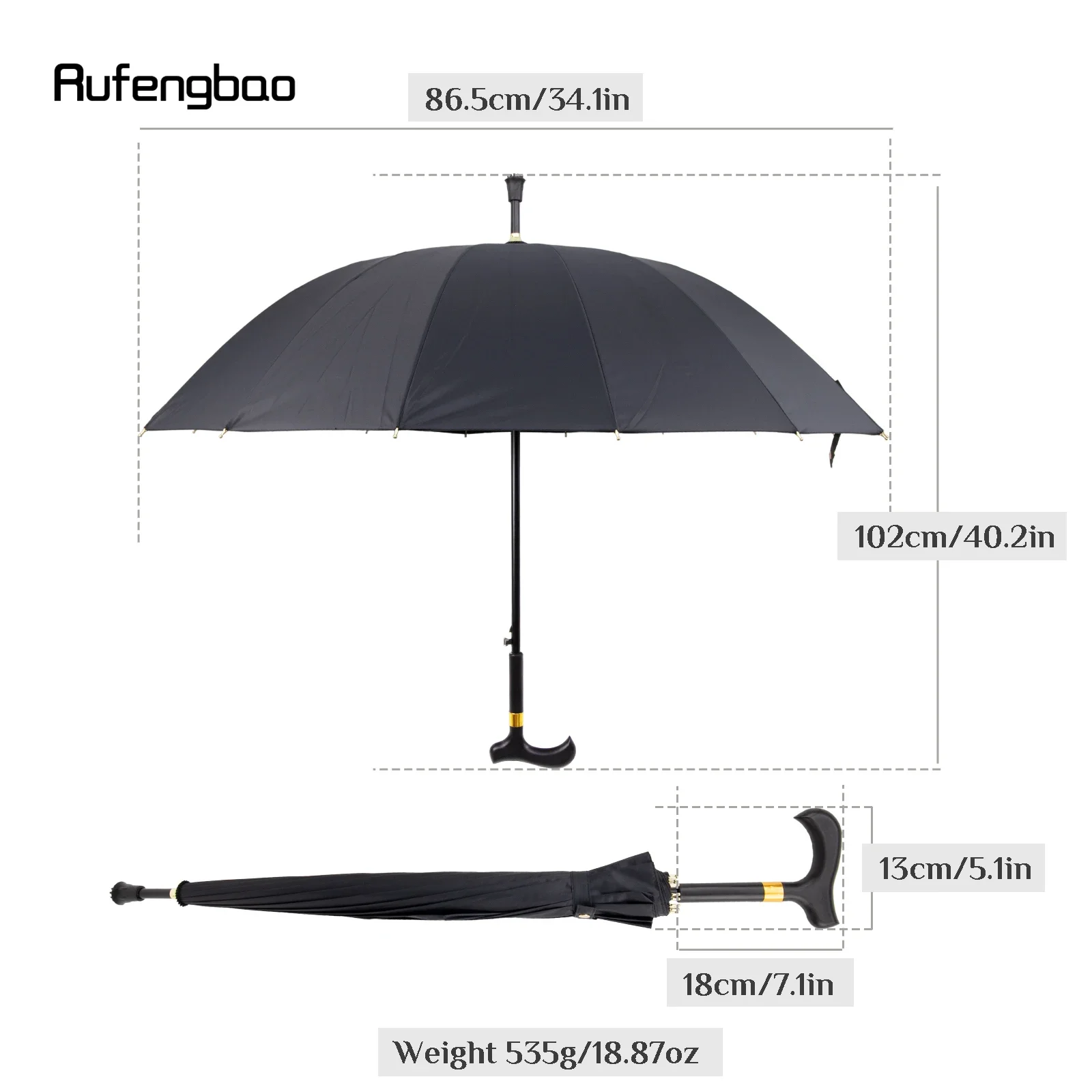 Black Automatic Windproof Cane Umbrella, Long Handle Enlarged Umbrella for Both Sunny and Rainy Days Walking Stick Crosier 86cm