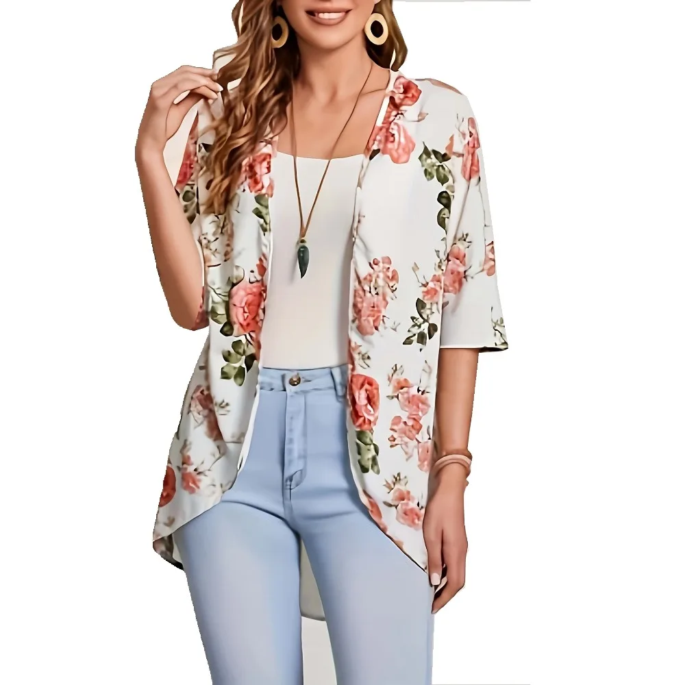 Plus Size Women's Half Sleeved Cardigan Fashionable Floral Print Elegant Casual Women's Cardigan Irregular Hem