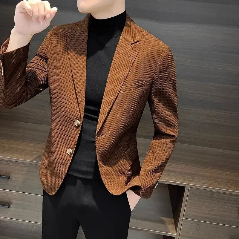 Elbise ceketler Slim Fit mont ceket erkekler için iş adamı takım elbise ve Blazers ince ekose lüks tasarımcı yaz yüksek kalite yeni