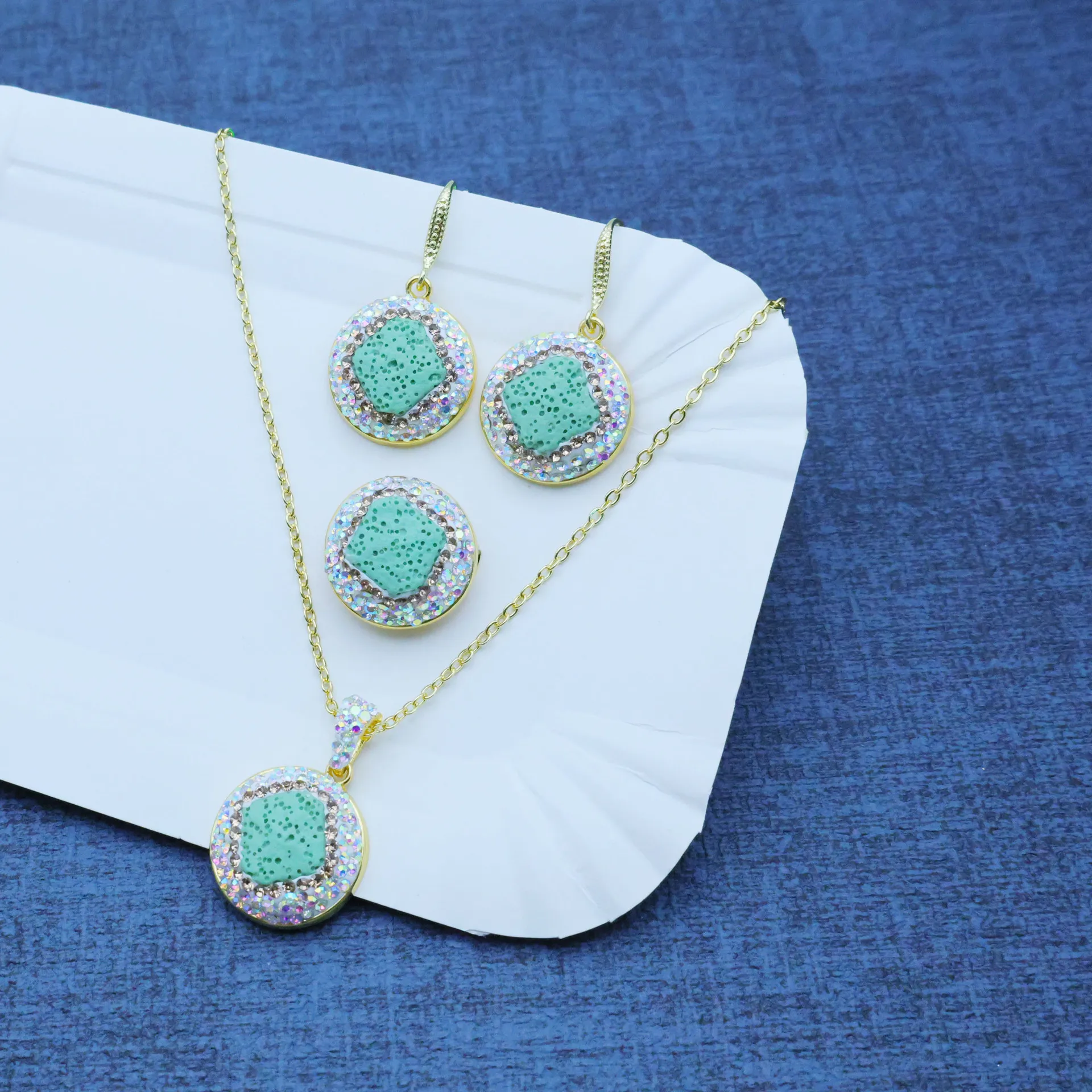 DIY accessories Summer hot sale new volcanic stone dopamine square shape green niche design three-piece fashion temperament set