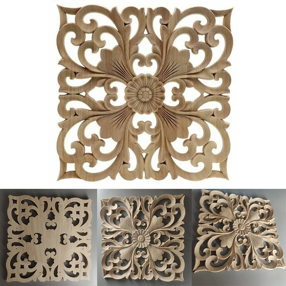 Wood Applique Woodcarving Decal Solid Wood Square Decals Wood Carving Onlay Wood Miniature Corner Applique European Hollow