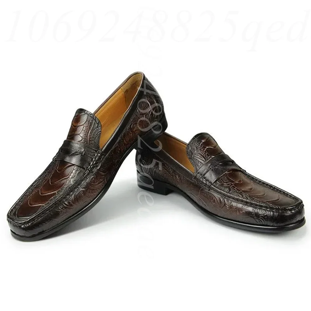 

Handcrafted Embossed Crocodile Leather Loafers Slip-On Design Breathable Insole, Non-Slip Rubber Sole, Vintage Formal Dress Shoe
