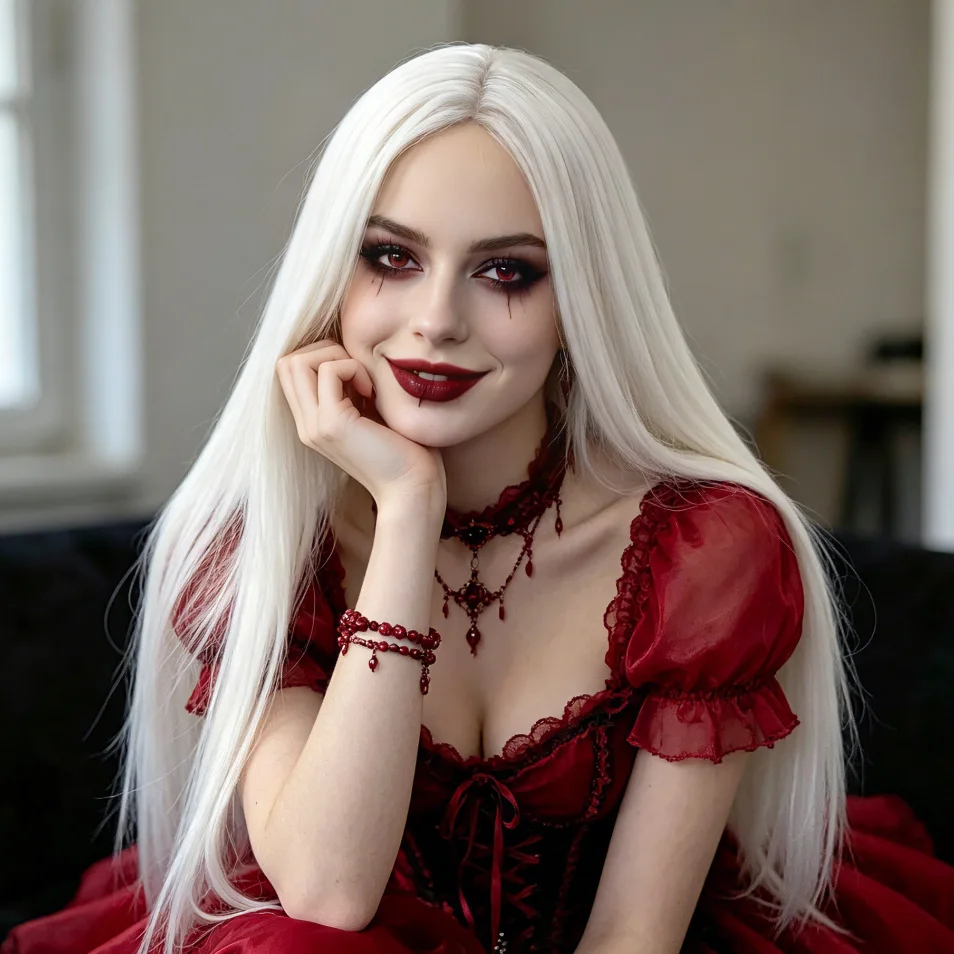 White Center-Parted Long Straight Synthetic Wig - Halloween Retro Dark Vampire Cosplay Wig - High Temperature Silk Wig Cap image 4