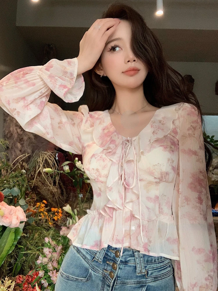 Chiffon Print Elegant Vintage Blouse Women Flare Sleeve Fairy Sweet Blouse Female Ruffles France Style Causal Tops Summer 2023