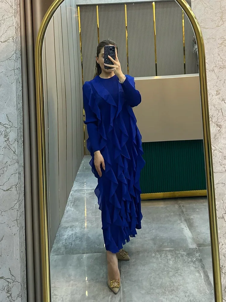 EGRM Ruffles Pleated Women's Dress Long Sleeves Belt Gathered Waist Evening Dresses 2024 Autumn Elegant Party Clothing 3RM1986