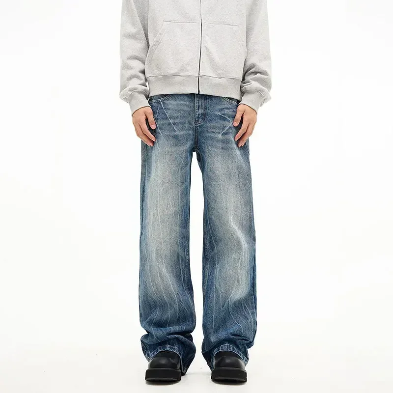 Jeans Men Straight Trousers Denim Flare Pants Long Pant Loose Casual Regular Splice Button Pocket High Waist Simple Autumn