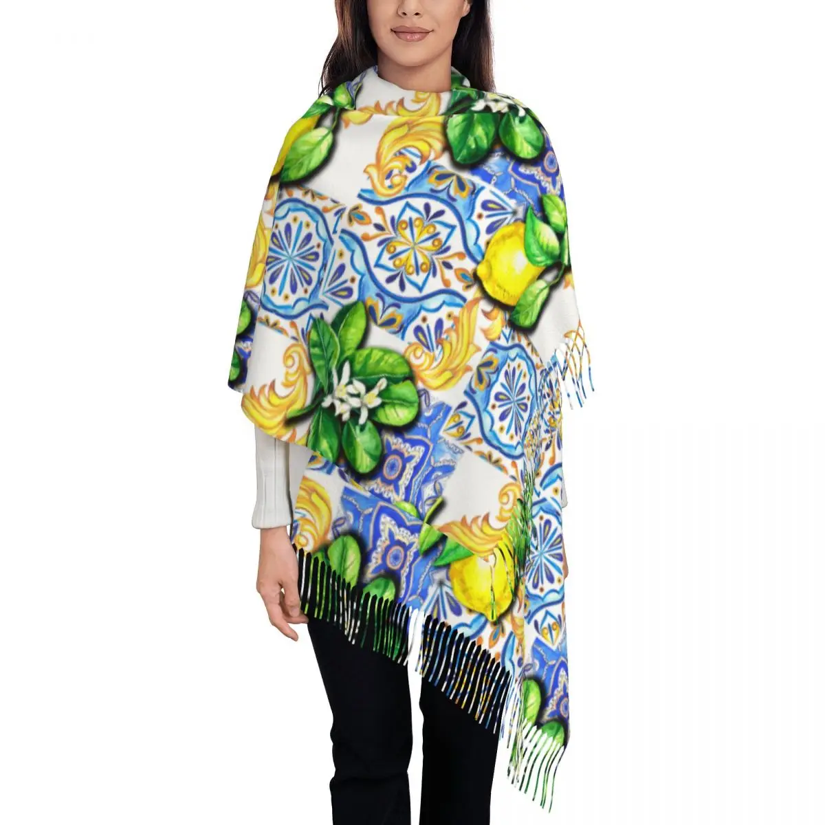 Custom Print Mediterranean Tiles Summer Fruit Lemons Scarf Women Men Winter Warm Scarves Shawls Wraps