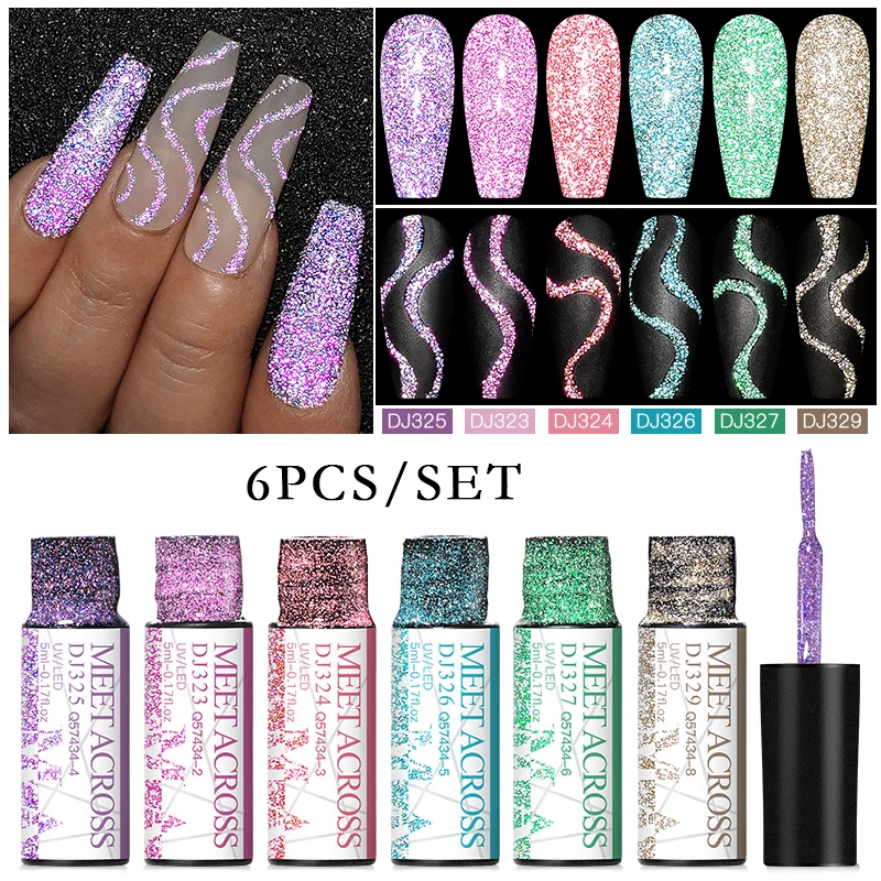 MEET ACROSS 6Pcs/Set Sparkly Reflective Line Gel Nail Polish Glitter Superflash Nail Art Liner Gel DIY Painting Drawing Gel Kit