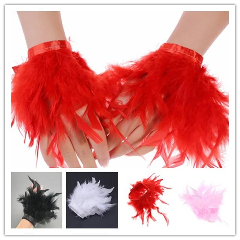 Women Natural Fur Feather Cuffs Sexy Cuffs With Feathers Feather Cuff Snap Bracelet Sleeves Wrist Arm Removable Shirt Fashion