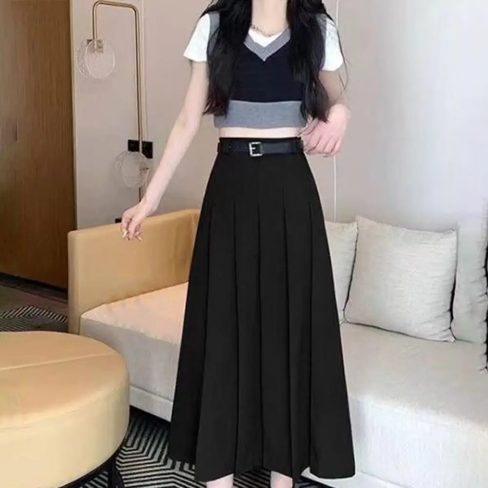 Black Skirt Elegant Midi Skirts Women Vintage High Waist Pleated Skirt Streetwear Korean Fashion Grey Casual All Match A Line Sk