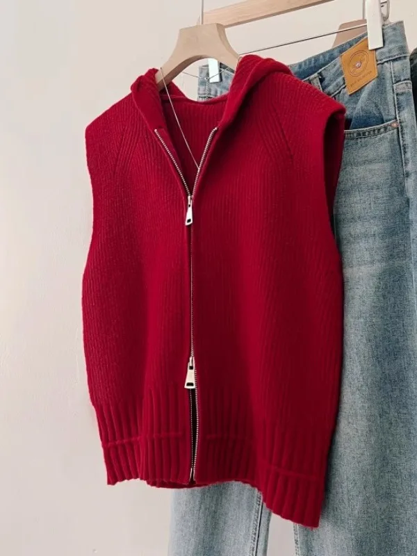 

Red Hooded Knitted Vest Large Size Women's Fashion Loose Slimming Sleeveless Open Cardigan Outerwear Autumn Winter Outerwear
