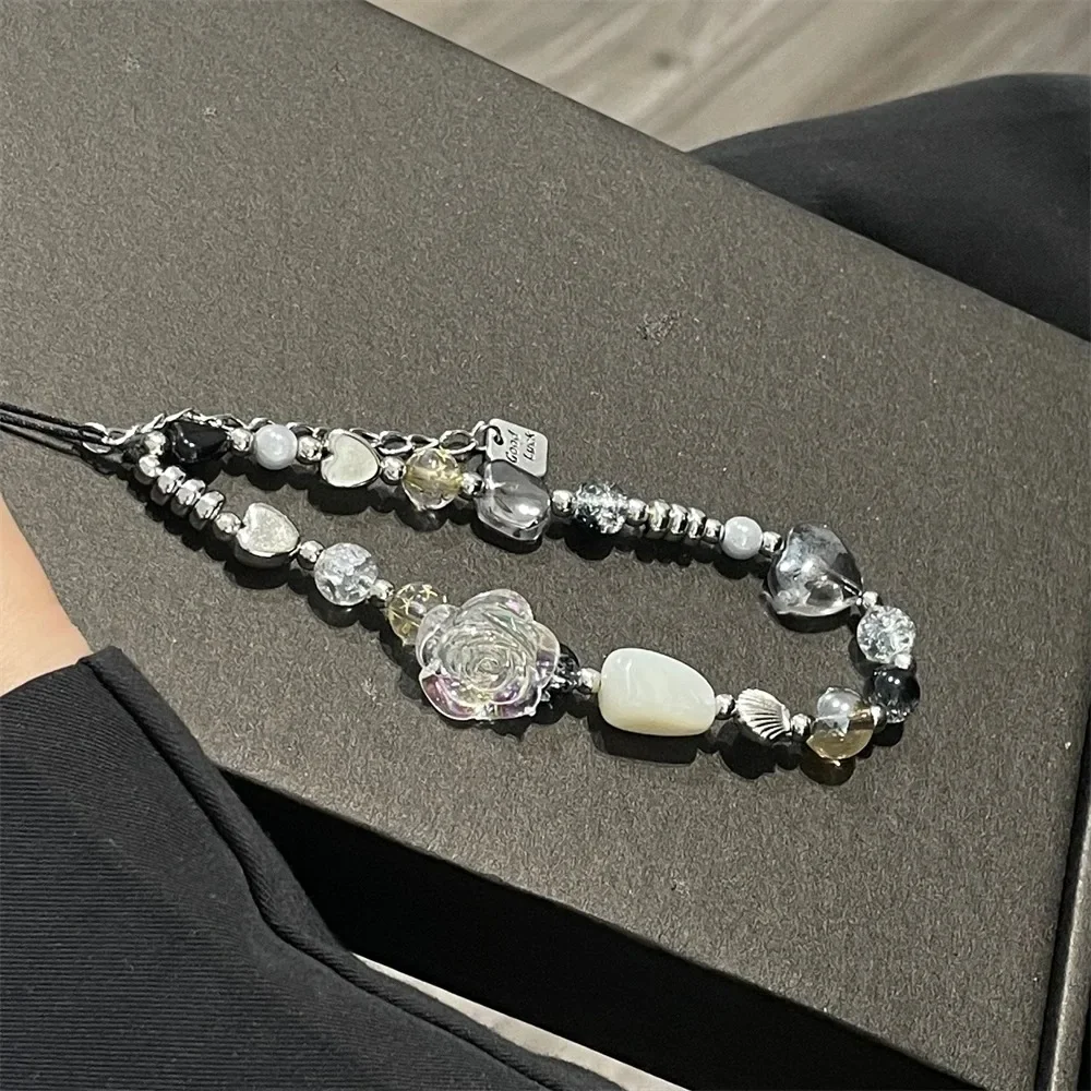 Korean Cute Flower Heart Bow Beaded Phone Chain Charm Lanyard For iPhone Xiaomi Samsung Universal Accessories Jewelry Pendant