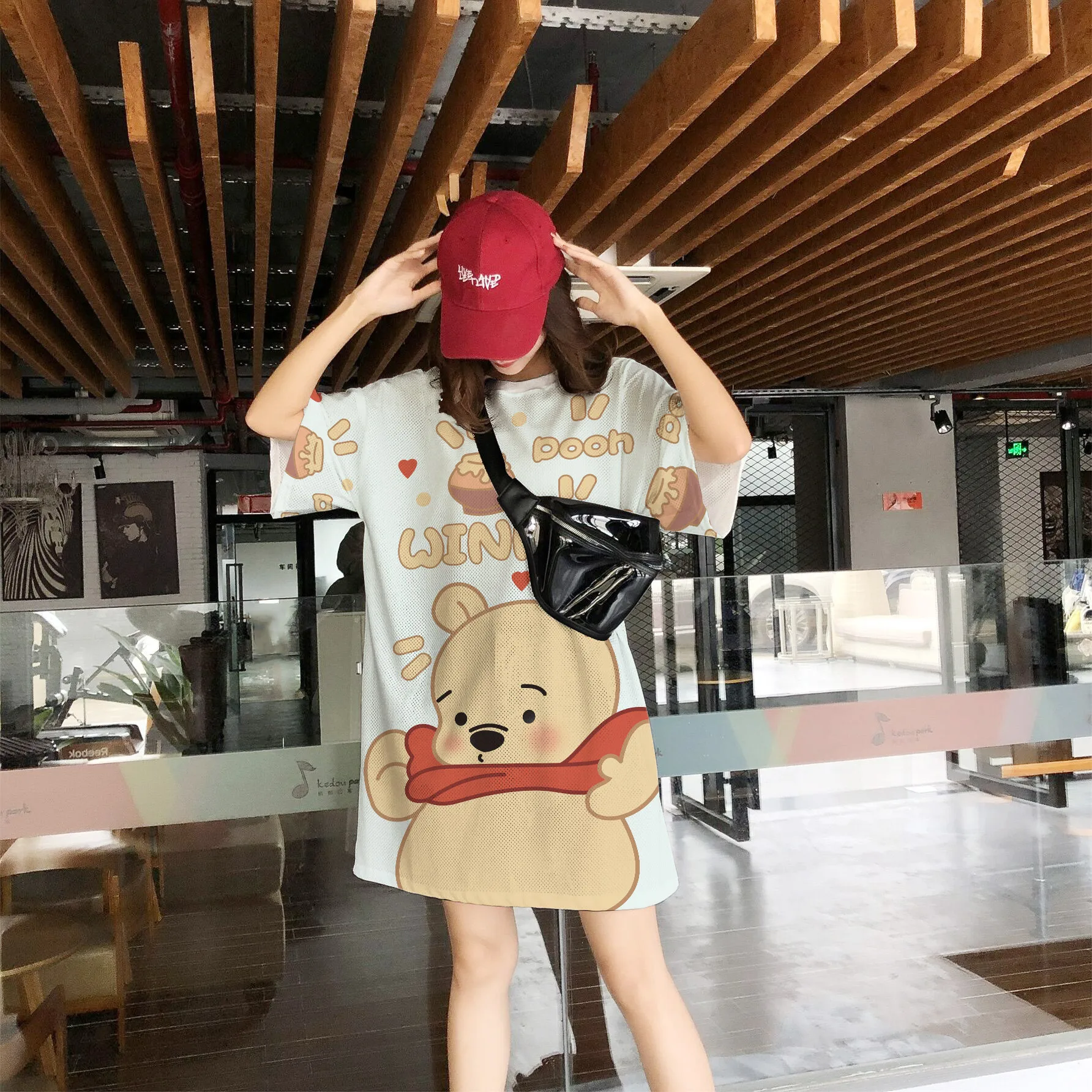 Summer Nightdress Pooh Cartoon Trendy New Loose Large Size Home Clothes Ice Silk Mesh Quick-drying Short-sleeved Nghtdress