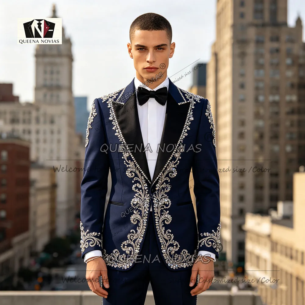 Luxury Man Beading Crystals Sequins Tuxedo Suit Slim Fit Single Breasted Jacket Pants 2 Piece Groom Wear Dinner Party Clothing