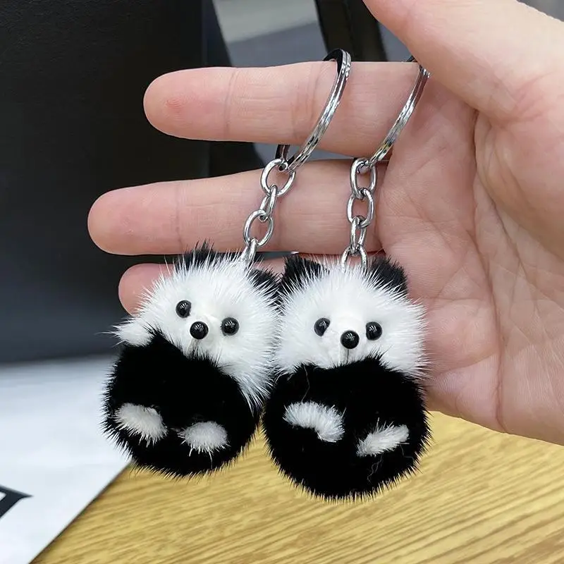 Kawaii Soft Mink Fur Panda Keychain Korean Style White Mini Pendant Plush Stuffed Animal Keyring Bag No Shed Fluffy