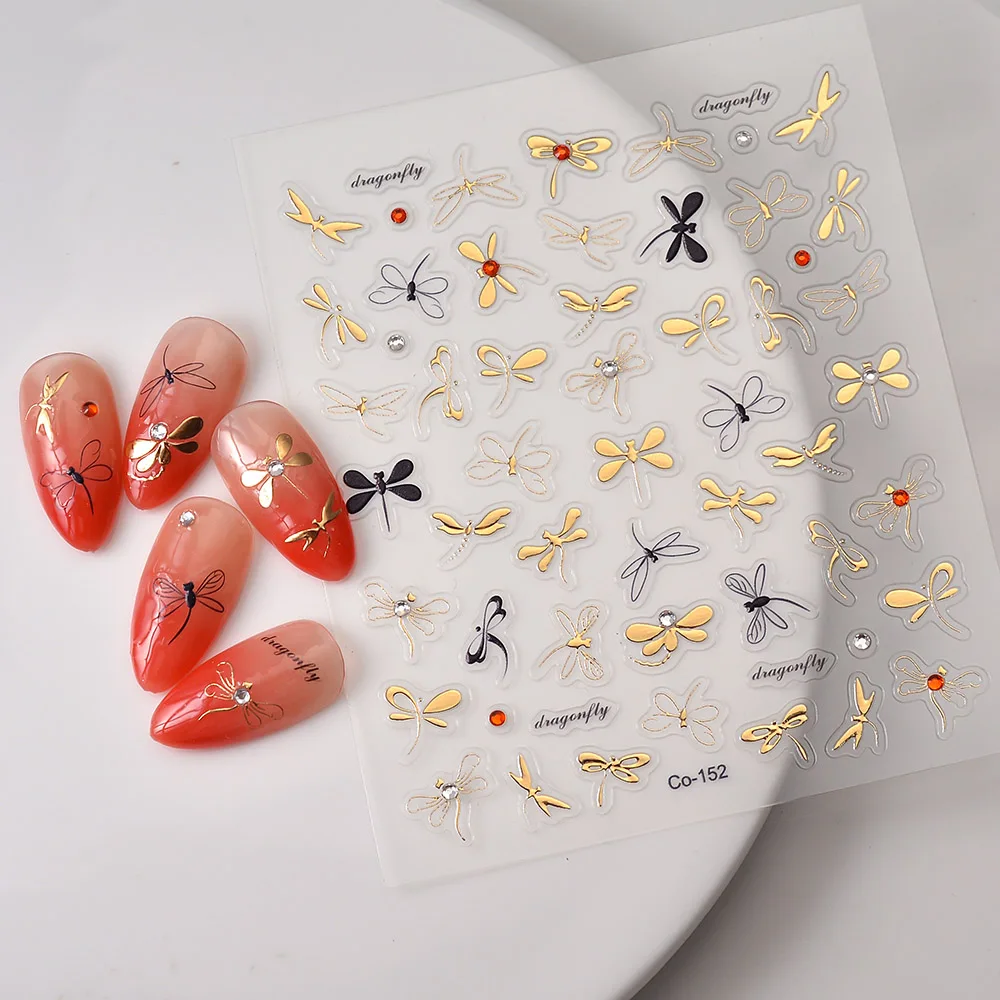 Dragonfly with Rhinestone Adhesive Gold 5d Nail Stickers Nail Art Decoration Decals Design CO-152