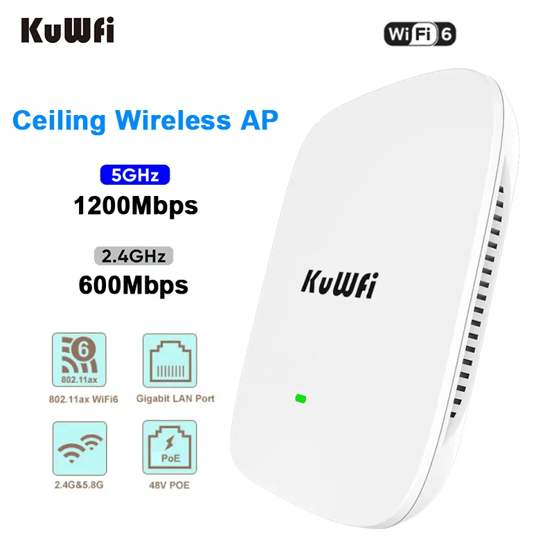 KuWfi-Roteador de Teto WiFi 6, Banda Dupla, Gigabit, WAN, Porta LAN, Suporte 48V POE Switch, Casa e Escritório, 2.4G, 5.8G, 1800Mbps