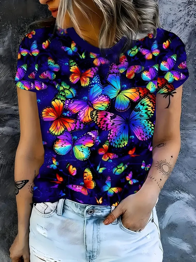 

Женская футболка больших размеров с 3D принтом бабочки и короткими рукавами, свободная и повседневная, мягкая, удобная и дышащая, для занятий спортом на открытом воздухе