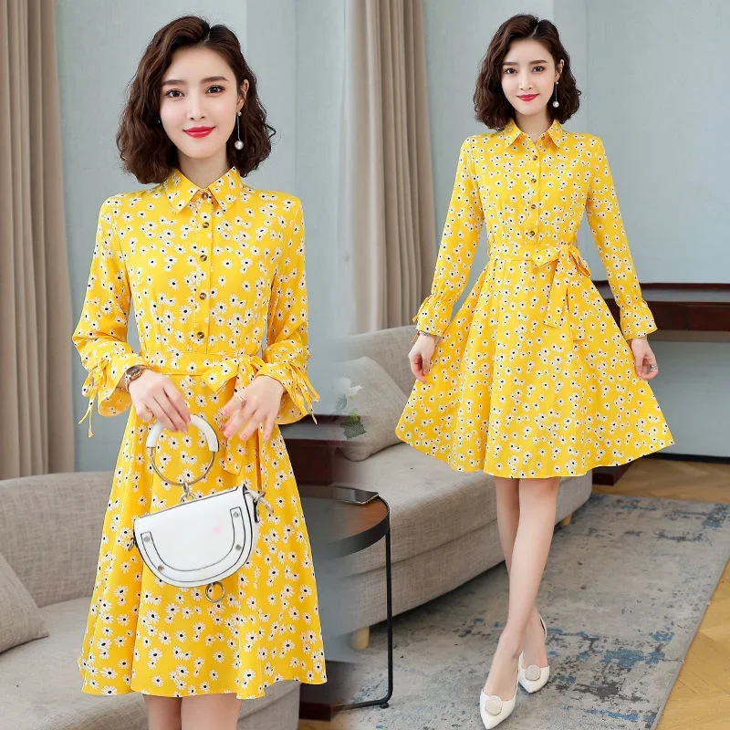 2025 Summer New Women's Temperament Waist Dress Elegant Spring Korean Style Dot Printing Knee-Length Shirt Skirt Dresses Shein