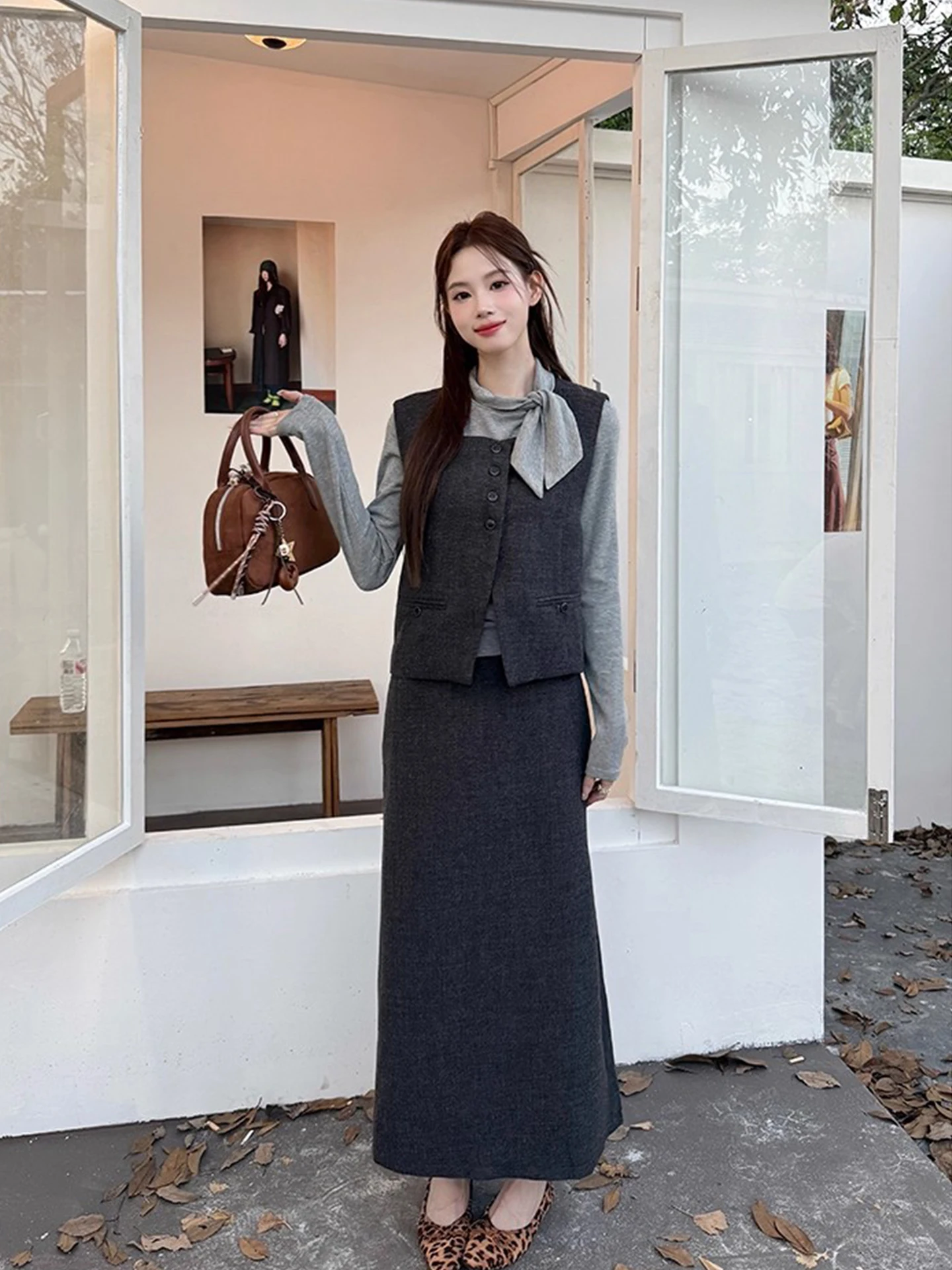 Conjunto de Csa y Ceco con Cinturón y Cuello Alto a la Moda, Falda  de Cintura Alta para Mujer, Traje de Tres Pieza...