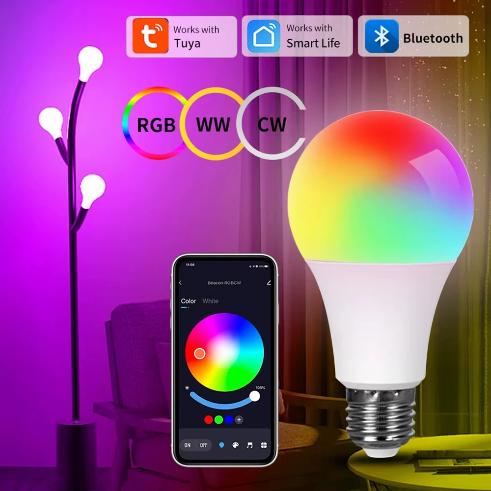 

E27 Умная светодиодная лампа Tuya Bluetooth 9 Вт 220 В RGB + CW + WW Управление через приложение с регулируемой яркостью Таймер света для спальни Гостиная Умное домашнее освещение